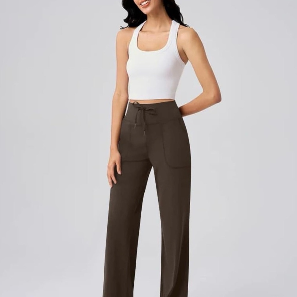 QQQWomen's YOGA PANTS DARK Brown Wide-Leg WITH POCKETS